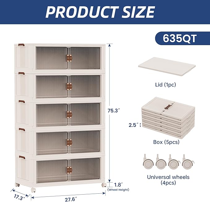 SAILUN 158Gal/635Qt Extra Large Stackable Storage Bins Folding Collapsible Storage Bins with a Lid, Closet Organizers and Storage Blush White 28" W x 17" D x 75" H