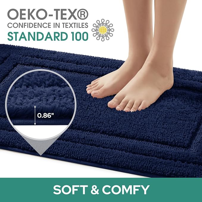 HOMEIDEAS Bathroom Rugs Sets 2 Piece, Super Soft and Absorbent Non Slip Microfiber U-Shaped Toilet Bath Mat Set (20"x32"+U20 x24, Navy Blue)
