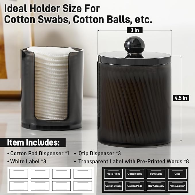 4 Pcs, Acrylic Qtip Holder Dispenser for Cotton Swab, Ball, Round Pads, Floss Picks - Clear Plastic Apothecary Jar Set, Bathroom Canister Decor Storage Accessories, Vanity Makeup Organizer, Black