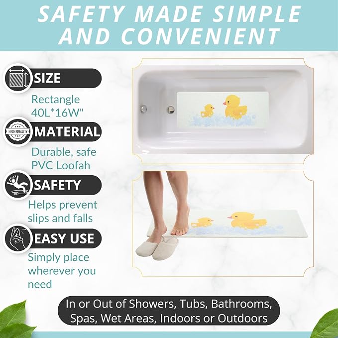 Non Slip Bathtub Mat Shower Mat for Tub - Loofah Bath Mats for Bathroom - 40x16 Bathtub Floor Mat - Textured Anti Slip Bath Mat Without Suction Cups - Secure Mat for Wet Areas (40x16 Duck)