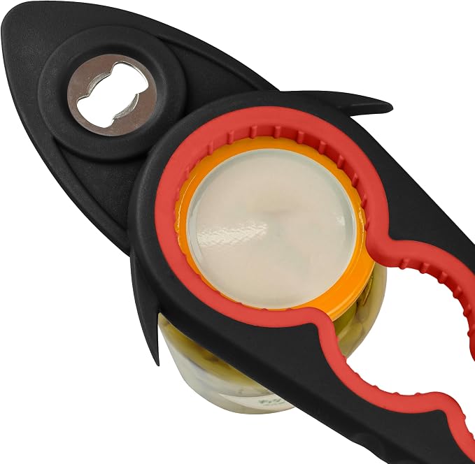 Jar Opener Bottle Opener for Arthritis, 5-in-1 Multifunctional Jar Opener, Easy to Use for Seniors and Weak Hands, Shark Shape Kitchen Gadget for jar, Beer and Bottle (Black and Red)