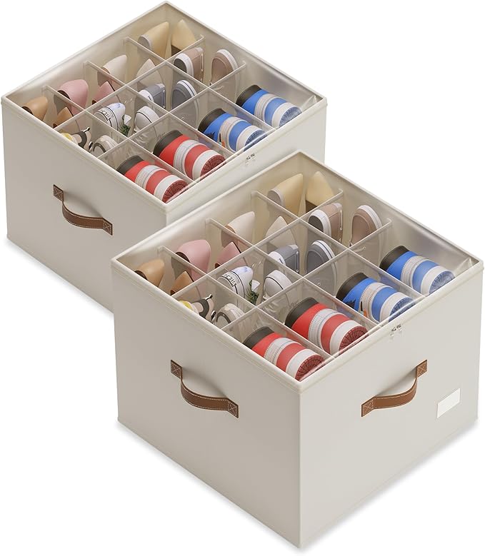 Vincona Shoe Organizer for Closet,2 Pack Shoe Storage Bins Foldable Shoe Storage Box Containers with Clear Cover and Sturdy Handles,Shoe Rack for Closet Storage for Sneakers Heels Slippers (Beige)