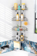 HAMITOR Shower Caddy Tension Pole: 4-Tier Rustproof Bathroom Corner Shelf Organizer for Renter - No Drill Large Shampoo Storage Rack - Adjustable 47-121" - Space Saving Bathtub Accessory - Silver Gray