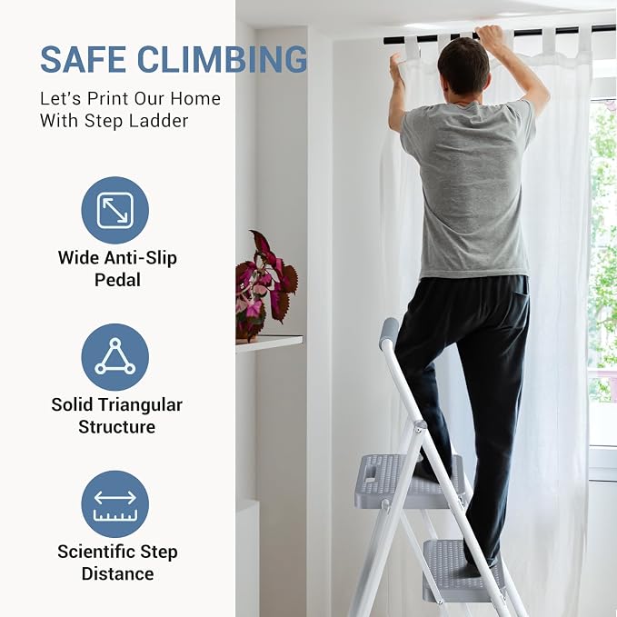 DUMOS 2 Step Ladder, Sturdy Step Stool with Anti-Slip Pedal & Comfortable Handrail, Portable Heavy Duty Step Stool for Kitchen, Garage & Outdoor Use, 800lbs, Grey