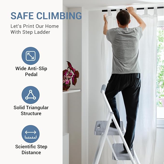DUMOS Step Ladder, 2 Sturdy Step Stool with Anti-Slip Pedal & Comfortable Handrail, Portable Heavy Duty Step Stool for Kitchen, Garage & Outdoor Use, Dark Grey