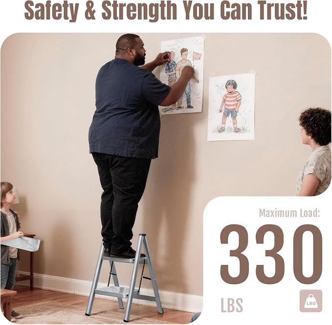 XinSunho 2 Step Ladder, Folding Step Stool with Anti-Slip Wide Pedal, Portable Sturdy Steel Ladder 2 Steps, 330lbs Safety Kitchen & Household Ladder