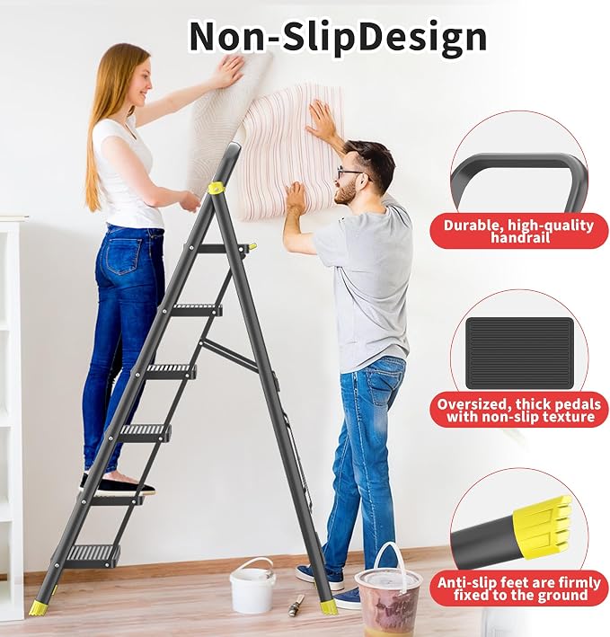 DIAMONDFORGE 6-Step Foldable Step Stool Ladder with Handle, Anti-Slip Pedals & Feet, 800lbs Capacity for Home Kitchen Adults, Black Yellow