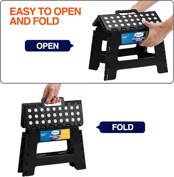 Korpai 9" Folding Step Stool for Adults,Kids,Non-Slip Folding Stools with Portable Handle,Plastic Foldable Step Stool for Kitchen ect,Black,1PC
