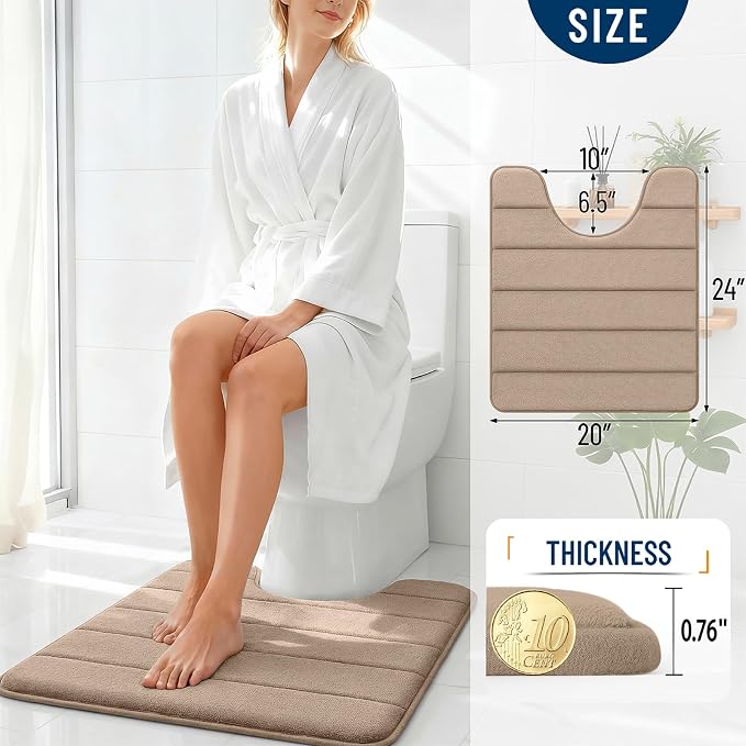 OLANLY Memory Foam Toilet Rugs U Shaped 24x20, Super Soft Absorbent Contour Bath Rugs, Quick Dry, Machine Washable Toilet Mat, Bathmat Floor Carpet, Bathroom Home Decor Accessories, Tan