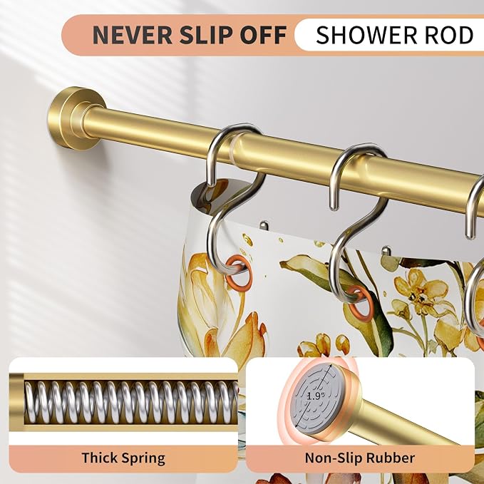 Gold Shower Curtain Rod 34-96 Inches(2.8-8ft) Never Rust Adjustable Shower Rod Spring Tension Non Slip No Drilling Shower Rods for Bathroom Garland Window