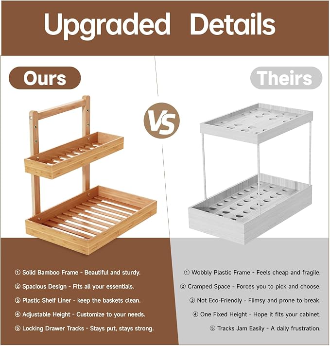 Bamboo Under Sink Organizer - 2 Tier Pull Out Cabinet Shelves with Adjustable Height, Undersink Storage Slide Out for Kitchen Bathroom Cabinet Pantry