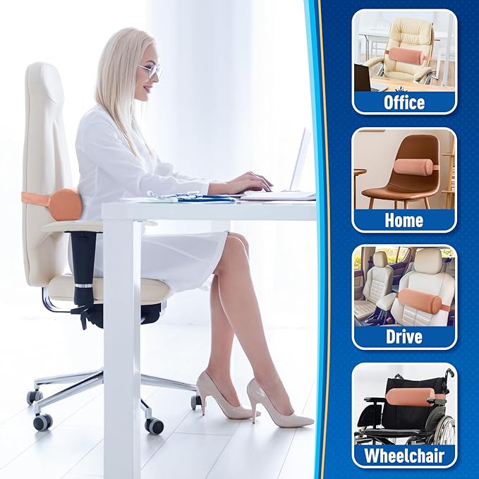 Lumbar Roll Support Pillow for Office Chair, Car, Gaming Chair, Memory Foam Back Cushion with Washable Cover for Relieving Back Pain & Improving Posture,Pink