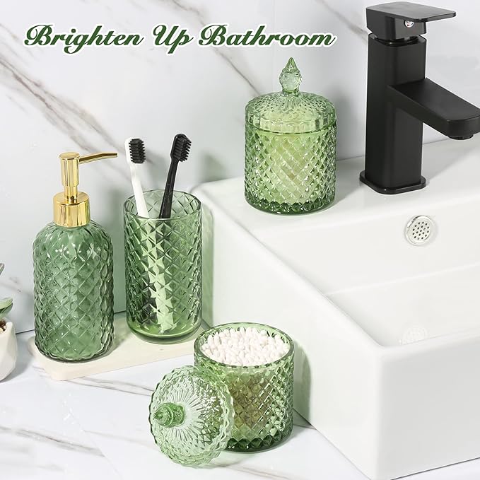 RYTOXILO Green Bathroom Accessories Set, 4 Pack Olive Green Bathroom Decor Accessory Sets Complete, Diamond Glass Soap Dispenser and Toothbrush Holder Set for Bath Counter Organizer Essentials