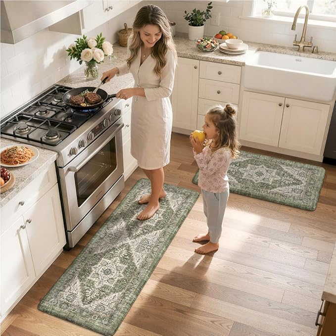 KIMODE Anti Fatigue Mats for Kitchen Floor, Green Distressed Kitchen Rugs Sets of 2, Spring Memory Foam Kitchen Mats for Floor, Waterproof Standing Mats for Sink Laundry Office Desk 17"x47"+17"x29"