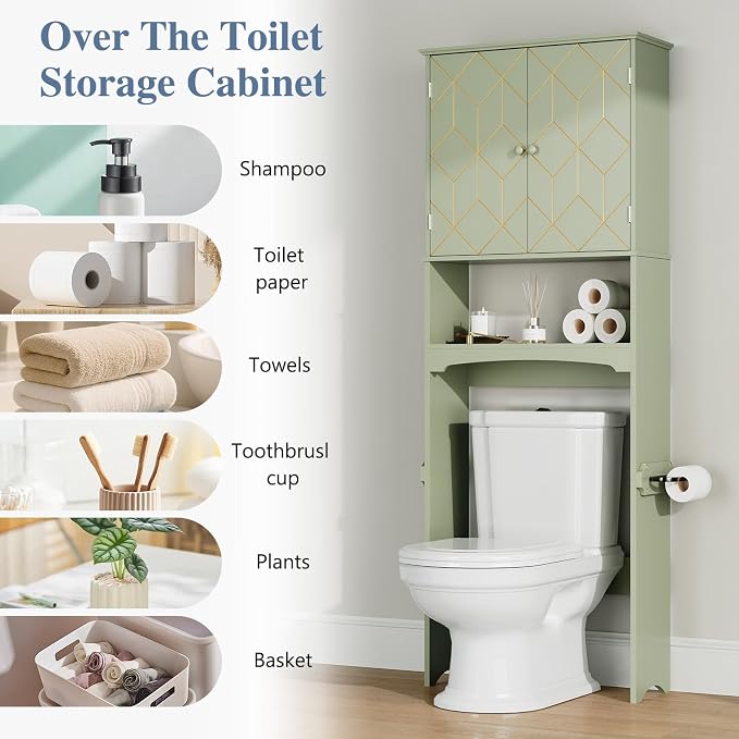 Gold Trim Over The Toilet Storage Cabinet, Double Doors Over Toilet Bathroom Organizer with Adjustable Shelves and Toilet Paper Holder, Modern Over Toilet Storage Cabinet for Bathroom (Green)