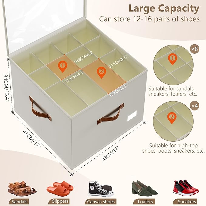 Vincona Shoe Organizer for Closet,2 Pack Shoe Storage Bins Foldable Shoe Storage Box Containers with Clear Cover and Sturdy Handles,Shoe Rack for Closet Storage for Sneakers Heels Slippers (Beige)