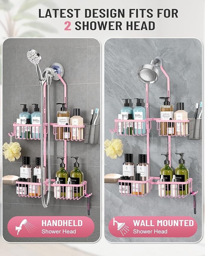 Adjustable Shower Caddy Hanging for Handheld Showerheads - Never Rust Shower Hanging Organizer, Upgraded Bathroom Shower Rack with Soap Basket, Hooks and Toothbrush Holder (Pink)