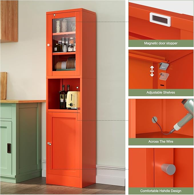 Slim Pantry Cabinet with Hutch, 67" Tall Narrow Storage Cabinets for Small Space,Narrow Metal Corner Cabinet with 3 Adjustable Shelves, Freestanding Tall Bathroom Cabinet for Entryway, Living Room