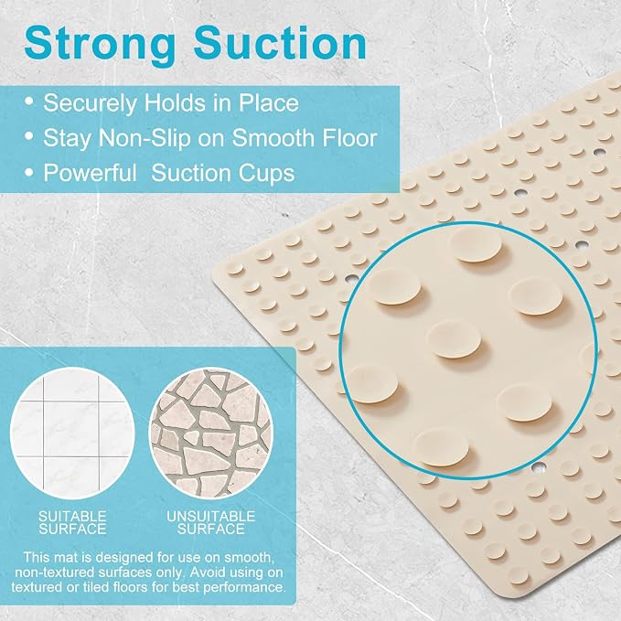Webos Non-Slip Bath Mat for Tub & Shower：Silicone Foldable Bathtub Mat with Strong Suction Cups, Quick Drain Holes, Machine Washable Extra Large Bathroom Mats 35.8" x 17.7", Beige
