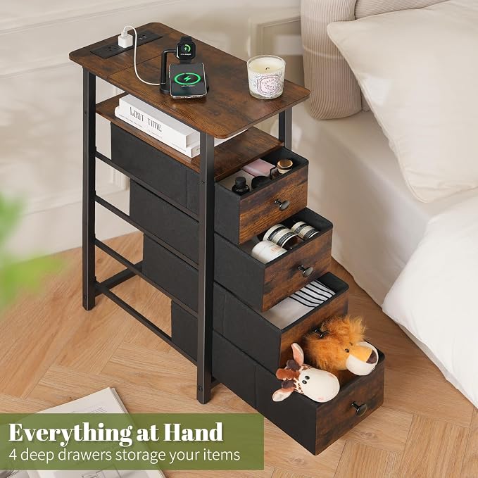 Yoobure LED Narrow Nightstand with Charging Station - Slim Dresser for Bedroom Narrow Side Table Storage Cabinet, Small Dressers Chest of Drawers, Tall Skinny Night Stand End Table for Small Spaces