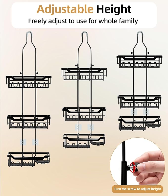 Adjustable Shower Caddy Hanging, Extended Length Organizer Over Shower Head, 3 Tier Long Neck Shower Rack with Soap Holder for Large Storage, Black