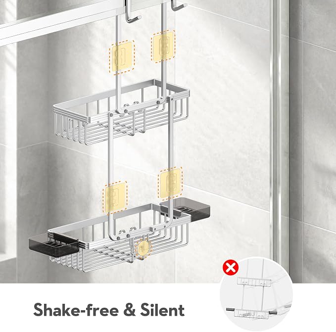 Over the Door Shower Caddy Hanging With Double Soap Holder Never Rust Aluminum Shower Shelf With 4 Hooks Hanging Bathroom Organizer No Drilling Shelves for Bathroom Storage Silver