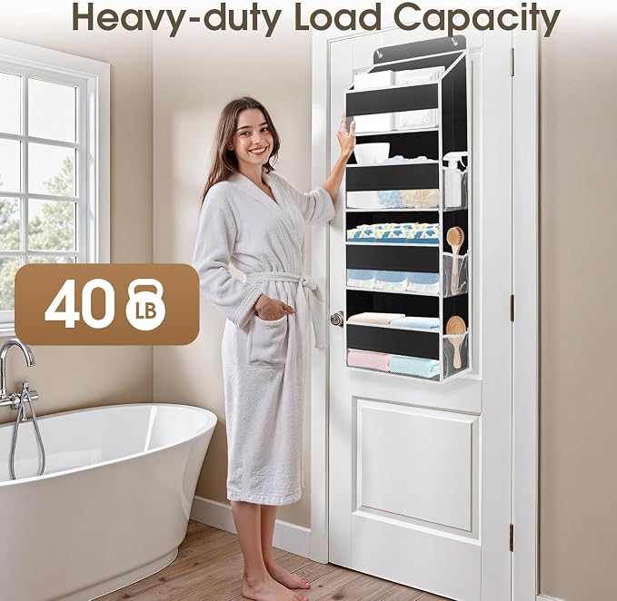 SpaceHacks 1 Pack Over The Door Organizer, Hanging Storage Organizer with Clear Window, 40lb Ultra Sturdy Large Capacity Room Organizer for Pantry Laundry Bathroom Nursery Closet (Black)
