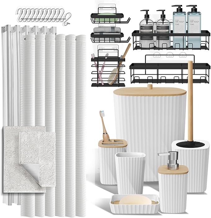 Clara Clark Bathroom Accessories Set - 27PC Bathroom Set with Adhesive Corner Shower Caddy Hanging, Bathroom Sets with Shower Curtain and Rugs, White Shower Curtain Set with Bathroom Trash Can