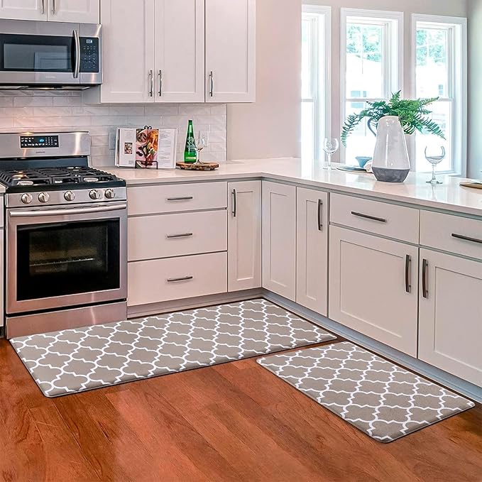 KMAT Kitchen Mat [2 PCS] Cushioned Anti-Fatigue Area Rug Sets, Waterproof Non-Slip Kitchen Mats and Rugs Heavy Duty PVC Ergonomic Comfort Foam Rug for Kitchen, Floor Home, Office, Sink, Khaki