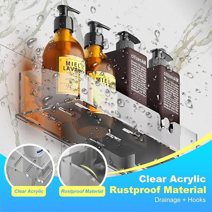 Acrylic Shower Shelves 3 Pack, Clear Adhesive Shower Caddy Organizer, Rustproof No Drill Wall Mount Bathroom & Kitchen Storage Rack