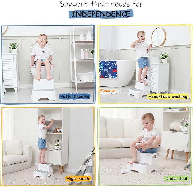 Harwaya Toddler Step Stool for Bathroom Sink 2 Pack, Kids Step Stools for Toilet Potty Training, Plastic Stepping Stool for Toddlers Child Kid Kitchen Bedroom Bed -White (Included Two Faucet Extender)