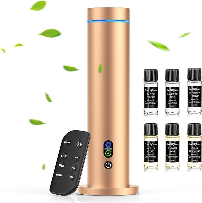 Maromalife Waterless Diffuser, Essential Oil Diffuser, 1000 Sq.Ft Coverage Scent Diffuser – Plug-in Only, Adjustable Mist, Remote, Mood Lights for Home & Office, Large Room, Hotel, Gold