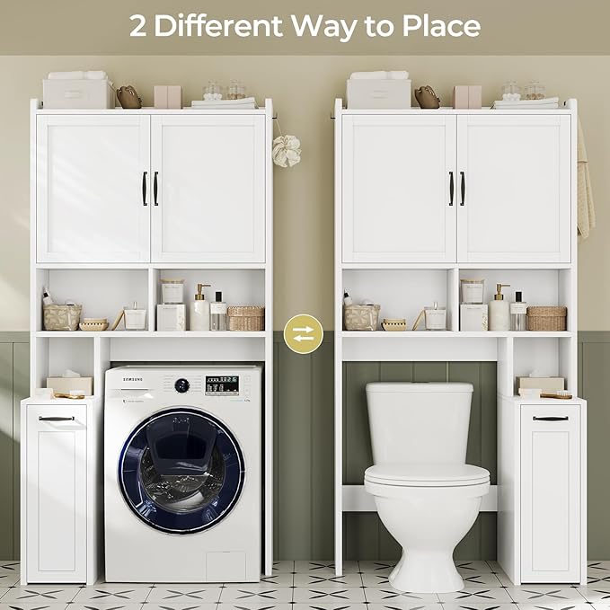 UPOSOJA Over The Toilet Storage Cabinet with Pulley Small Bathroom Storage Cabinet, Space Saver W/Adjustable Shelf & Open Shelf for Bathroom, Restroom, Laundry (White)