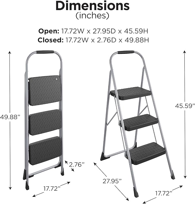 Cosco 11408PBL1E Three Step Big Step Folding Step Stool with Rubber Hand Grip, Grey