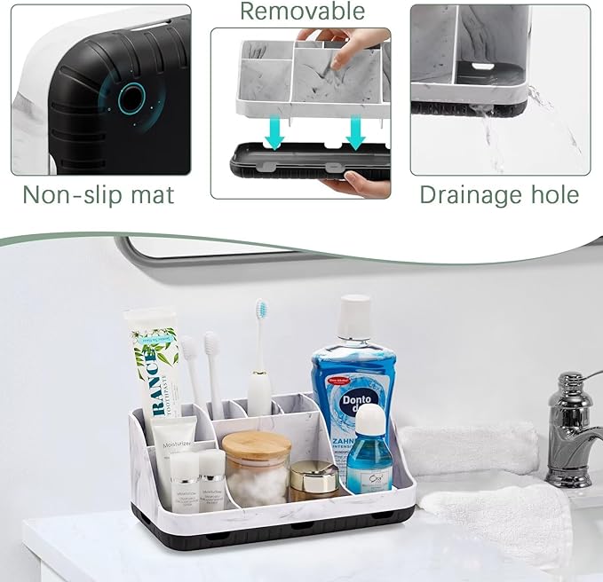 GFWARE Marble Bathroom Countertop Organizer - Detachable 7 Slots Kids Electric Toothbrush and Toothpaste Holde Drainage for Bathroom Accessories Organization Counter Vanity Storage, Black