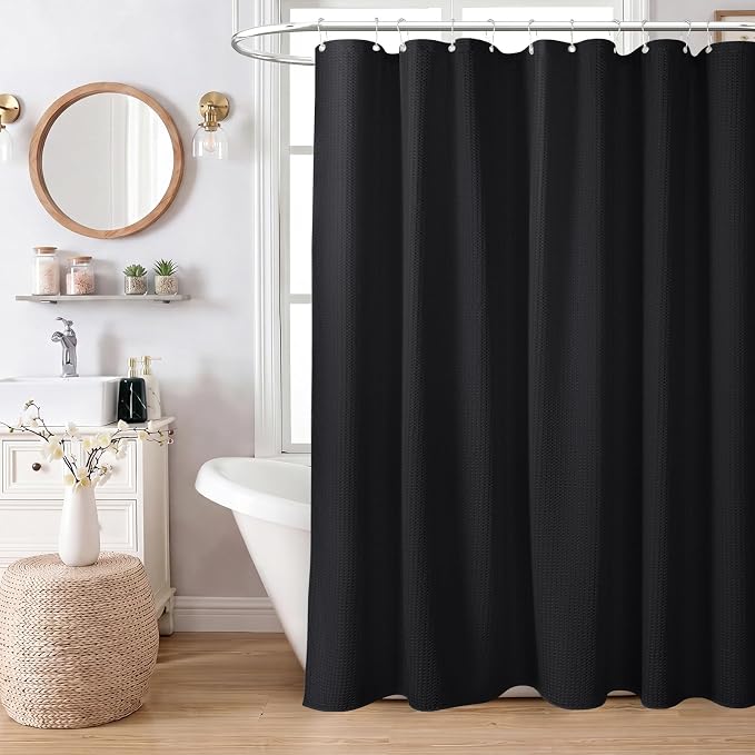 Dynamene Black Fabric Shower Curtain, Waffle Weave Heavy Duty Thick Fabric Shower Curtains for Bathroom, 256GSM Weighted Hotel Luxury Cloth Shower Curtain Set with 12 Plastic Hooks, 72Wx72H, Black
