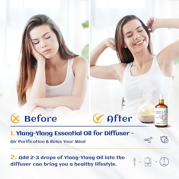 HIQILI Ylang-Ylang Essential Oil, Long-Lasting Scent for Diffuser, Perfumes, Aromatherapy, DIY - 3.38 Fl Oz