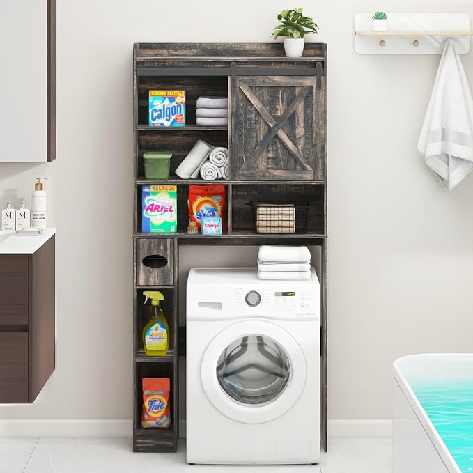 Vabches Over The Toilet Storage Cabinet, Farmhouse Storage Cabinet Over Toilet with Sliding Doors & Toilet Paper Holder Stand，Home Space-Saving Toilet Rack, for Bathroom, Laundry(Dark Grey)