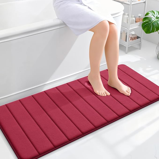 OLANLY Memory Foam Long Bathroom Rugs Runner 47x20, Super Soft Absorbent Bath Mat, Quick Dry, Machine Washable Shower Floor Rugs, Bathmat Carpet, Bathroom Home Decor Accessories, Burgundy