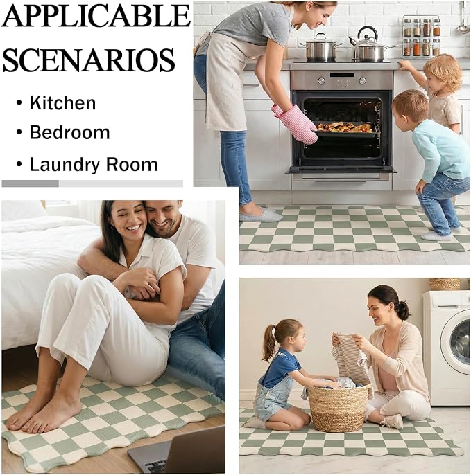 Scalloped Beige Sage Checkered Grid Checkerboard Kitchen Rug Sets [2 PCs], Anti-Fatigue, Waterproof Non-Slip Kitchen Mats Heavy Duty Comfort Foam Rug for Kitchen, Floor, Laundry,17"x29"+17"x47"