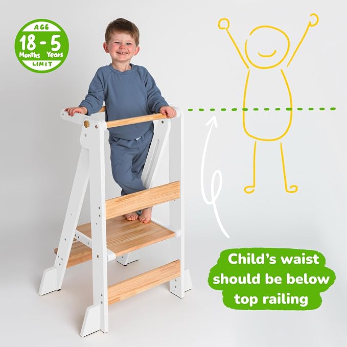 OCODILE Adjustable Foldable Toddler Tower – Folding Tower for Kids | Montessori Toddler Kitchen Step Stool Helper for Independence - White