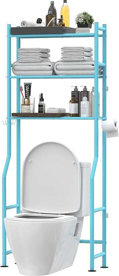 Livilord 3-Tier Over The Toilet Storage, Freestanding Metal Bathroom Shelves with 4 Hooks, Over Toilet Storage Shelf with Paper Holder, Above The Toilet Shelf for Bathroom Storage, Blue