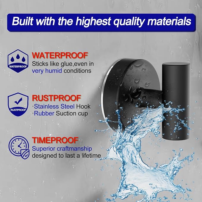 Bntuk Suction Cup Hooks, Removable Shower Hooks for Inside Shower – Towel Hooks for Bathroom Window Glass Mirror Tile, Bath Robe Looafh Hook for Hanging – Waterproof & Rustproof, Black (2 Pack)