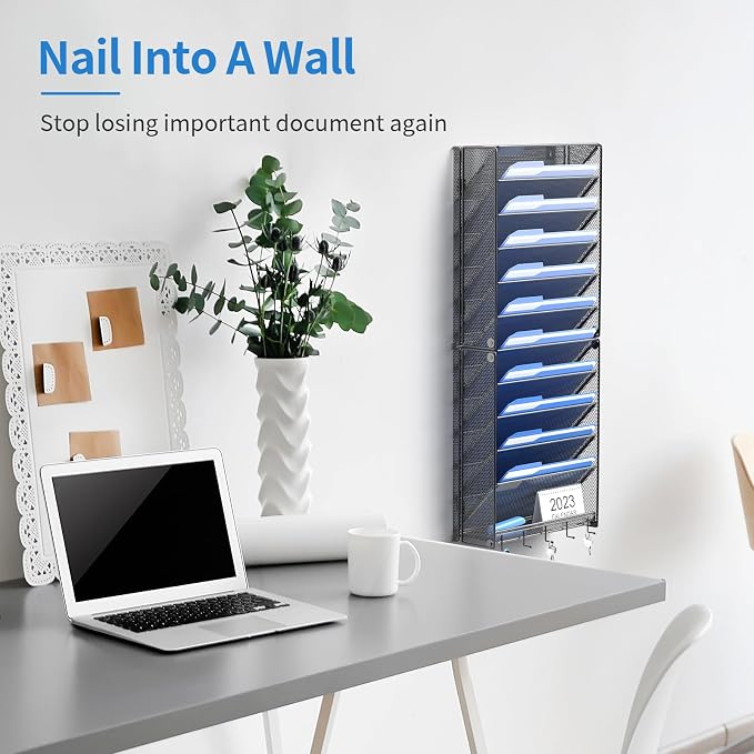 OUTWOLF 2Pack 12 Tier Hanging Wall File Organizer with Hooks, Vertical Wall Mount File Folder Holder, Paper Document Mail Organizer for Office