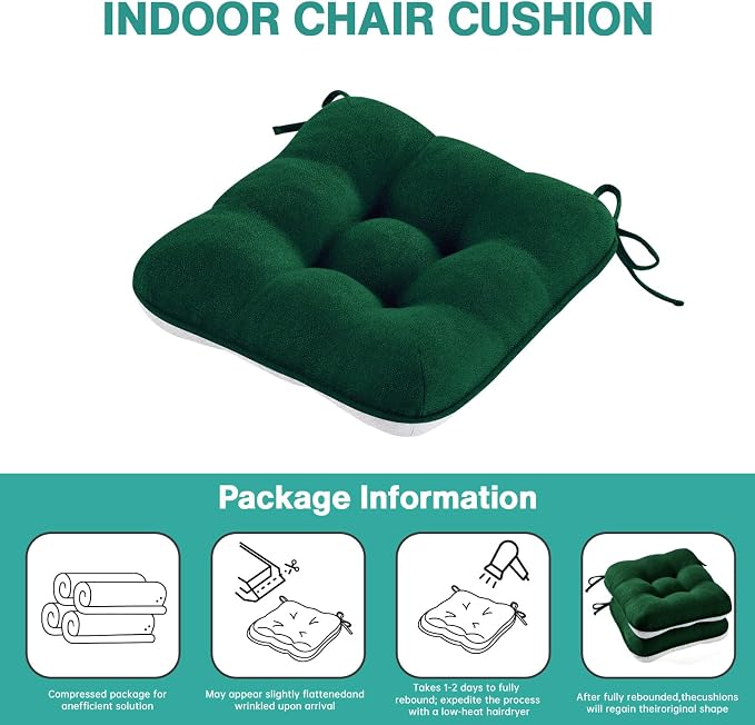 BETU Chair Cushions for Dining Chairs Set of 6,3.5" Thick Kitchen Table Chair Pads with Ties,Non Slip Backing and Covers, Seat Cushion for Dining Room,Bar,Patio Chairs,15.5"X15.5"X3.5",Dark Green