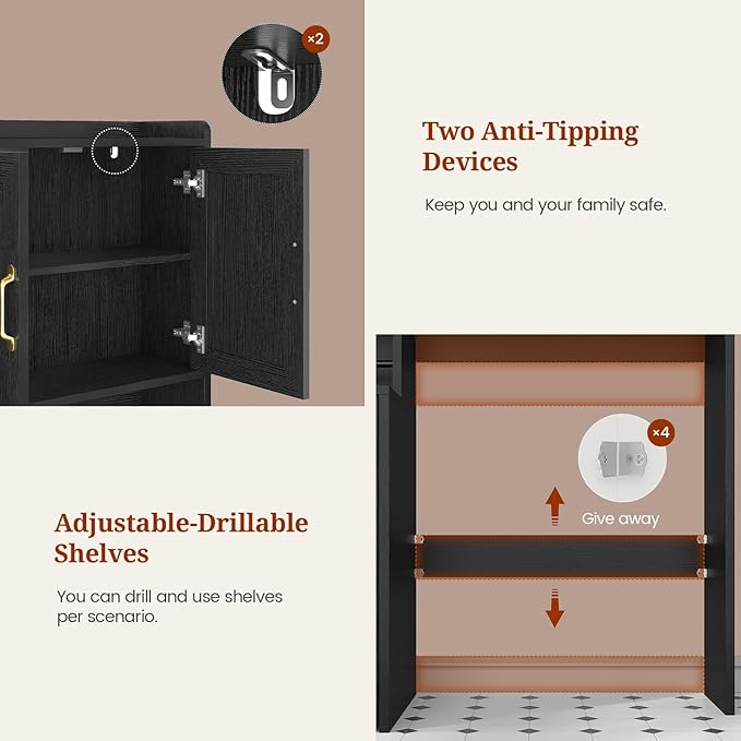 UPOSOJA Over The Toilet Storage Cabinet with Pulley, Bathroom Cabinet, Space Saver W/Adjustable Shelf Rack for Bathroom, Restroom, Laundry (Black-Type A)