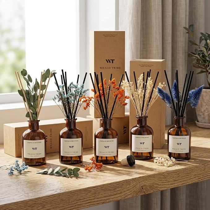 WEALD TRIBE Flower Reed Diffuser Set Neroli Scent for Bathroom Accessories Shelf Decor & Air Fresheners, Sticks Defusers with 4.0 fl oz Essential Oils & Leaves, House Bedroom Office Decor & Gifts