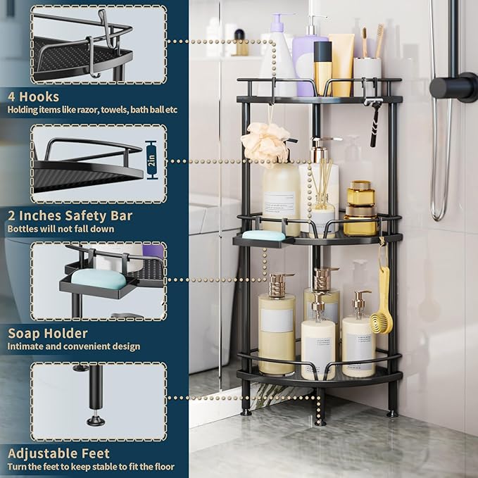 Consumest Corner Shower Caddy Stand - 3 Tier Shower Organizer with Soap Holder, Tall Floor Corner Shelves Standing with Adjustable Feet & 4 Hooks, Storage Rack for Bathroom Black