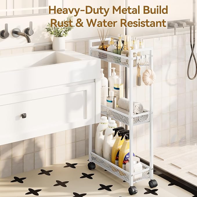 YASONIC Slim Rolling Storage Cart, Metal 3 Tier Bathroom Storage Organizer Laundry Room Utility Cart for Kitchen, Bthroom, Makeup, Craft, Laundry Narrow Places, White
