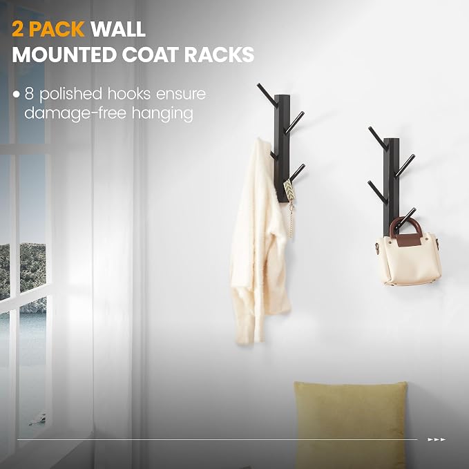 TIOPGHAD 2 Pack Small Vertical Coat Rack Wall Mount, Bamboo Coats Hooks Clothes Holder Hanger for Wall Coat Hat Jacket Clothing Bathroom Robes Entryway(Black)